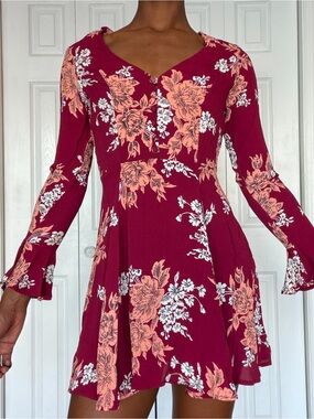 Privacy Please Burgundy Floral Long-Sleeve Fit & Flare Dress